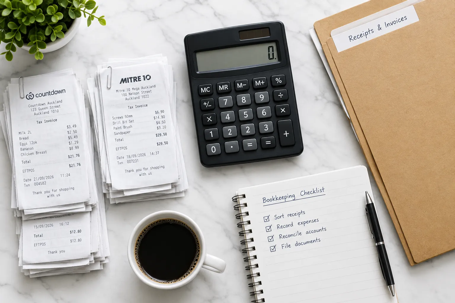 New Zealand bookkeeping desk with receipts and calculator